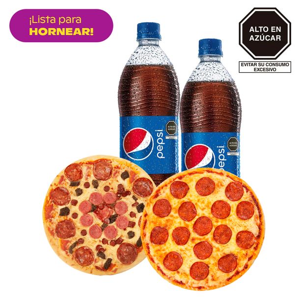 Oferta de Combo 02 Pizzas Familiares (Pepperoni/Carvinora) + 02 Pepsi 1L por S/ 36