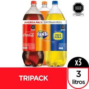 Oferta de Tripack Gaseosa Coca Cola + Inca KoLa + Fanta 3 L por S/ 23,9 en Tottus