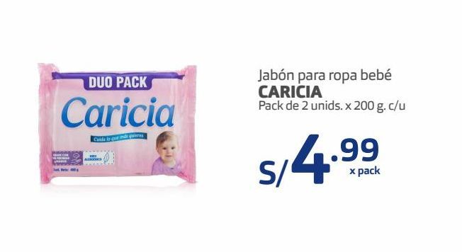 Oferta de Jabón para ropa bebé Caricia pack 2 und x 200g por S/ 4,99