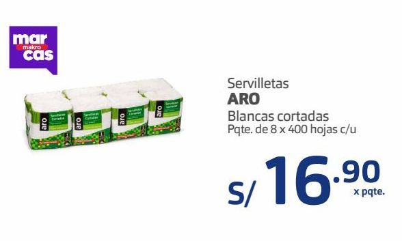 Oferta de Servilletas ARO blancas cortadas paquete de 8 x 400hojas por S/ 16,9
