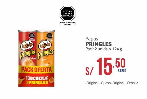 Oferta de Papas Pringles pack 2 und x 124g por S/ 15,5