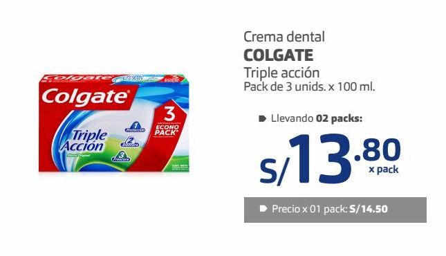 Oferta de Crema dental Colgate triple acción pack 3und x 100ml por S/ 14,5