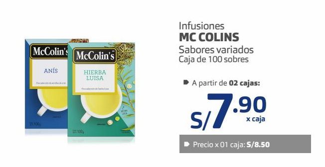 Oferta de Infusiones Mc Colins caja 100sobres por S/ 8,5