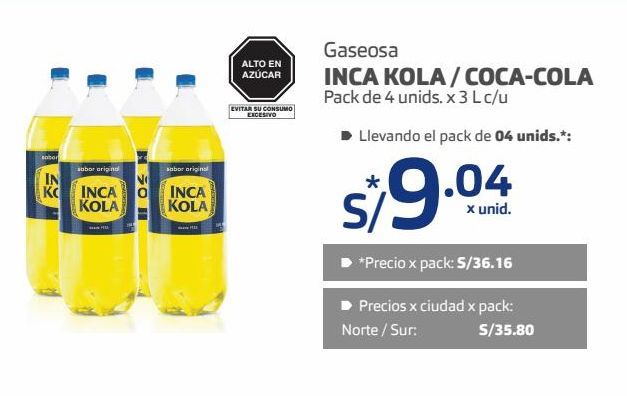 Oferta de Gaseosa Inka Cola/ Coca Cola pack de 4und x 3L por S/ 36,16