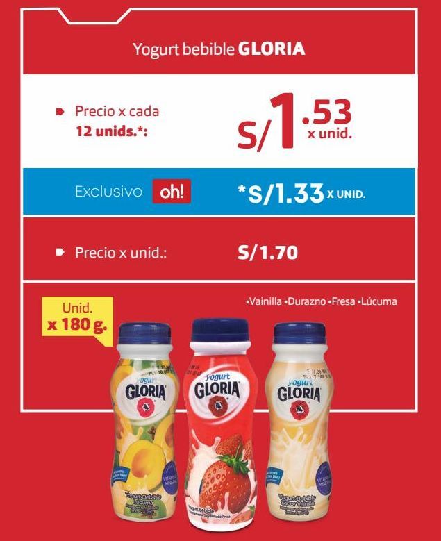 Oferta de Yogurt bebible Gloria 180g por S/ 1,7