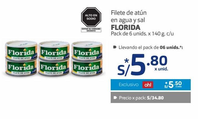 Oferta de Filete de atún en agua  FLORIDA 6und x 140g por S/ 34,8