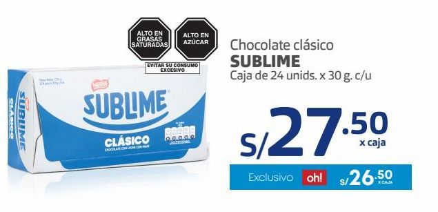 Oferta de Chocolate clasico SUBLIME 24und x 30g por S/ 27,5