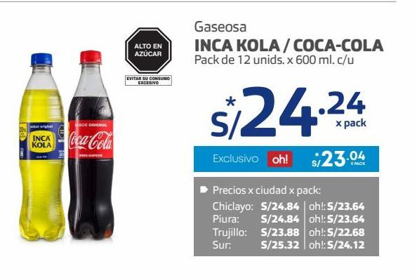 Oferta de Gaseosa Inka Cola/ Coca Cola pack de 12und x 600ml por S/ 24,24