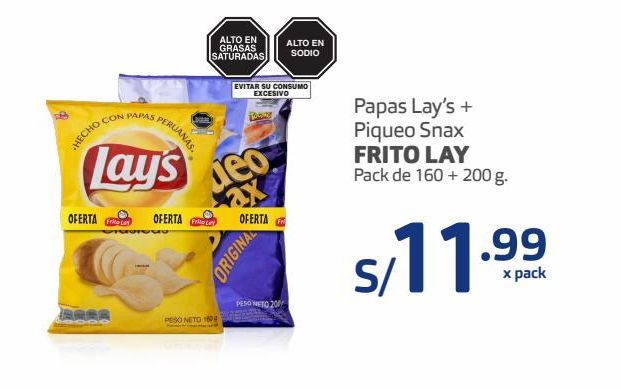 Oferta de Papas Lays + piqueo Snax Frito Lay 160g+200g por S/ 11,99