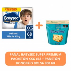 Oferta de PACK Pañal Babysec Super Premium Pack XXG x 68 + Panetón Donofrio Bolsa 900 gr - Unidad por S/ 88,8 en Freshmart